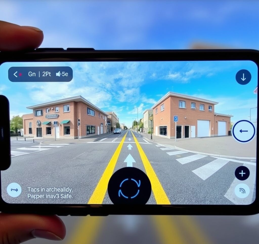 View through AR glasses showing navigation arrows overlaid on a city street