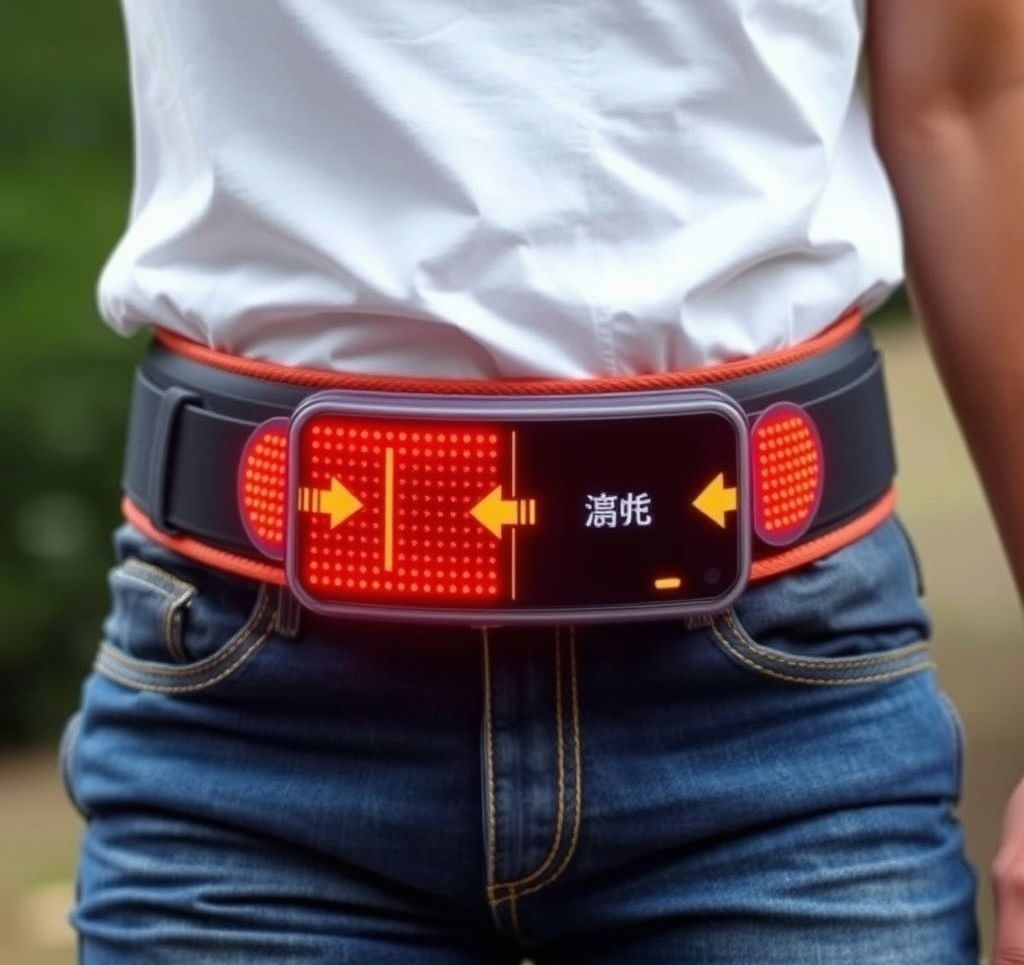 Person wearing haptic navigation belt for directional guidance
