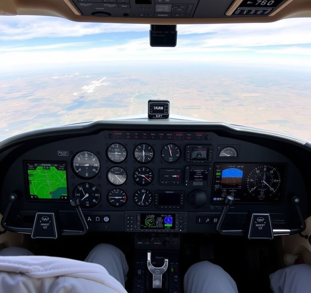 Pilot working with aviation navigation tools in cockpit