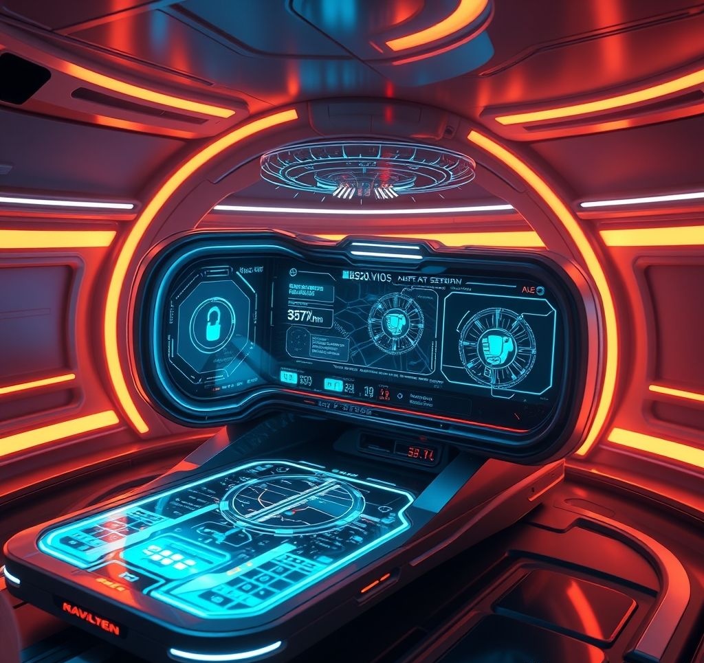 Futuristic navigation interface showing 3D mapping and augmented reality elements